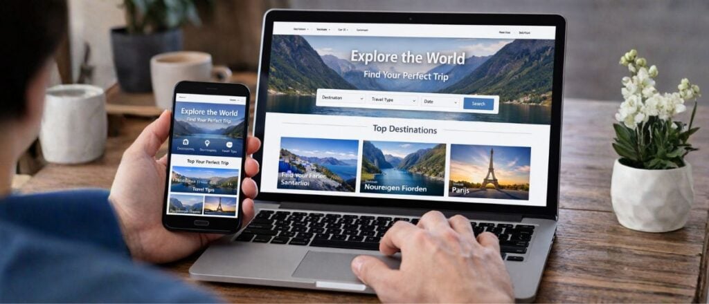 Een opengeklapte laptop met daarop een website. Naast de laptop is een mobiele telefoon. Deze telefoon heeft dezelfde website openstaan. Het design van de website heeft zich aangepast aan de grootte van het scherm. Dit is een voorbeeld van een responsive design.