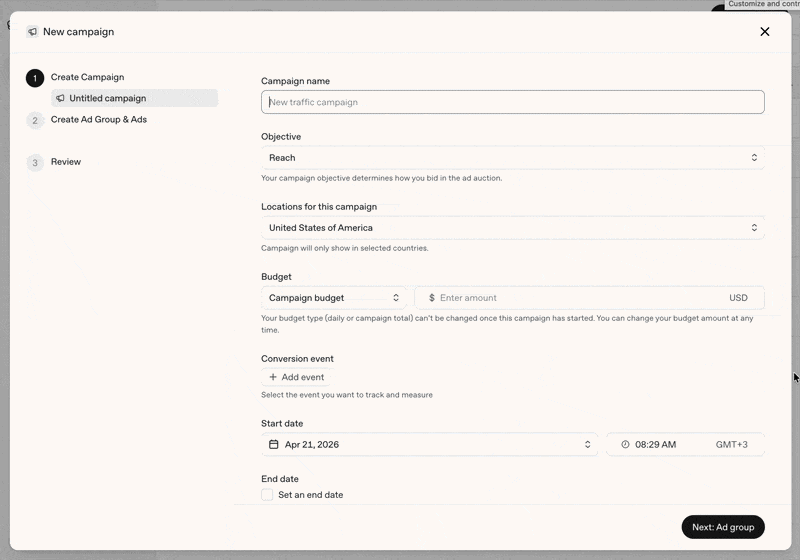 ChatGPT ads manager interface.